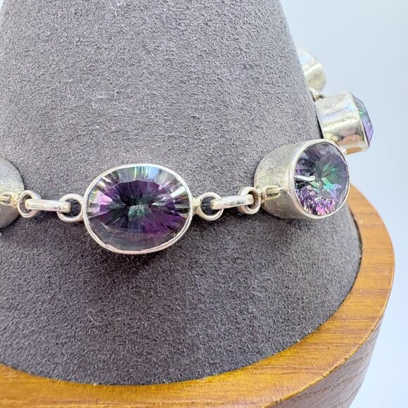 VTG sterling Silver 925 Mystic Topaz Tennis Bracelet Oval Bezel Set 7.5 - 8.25" - Picture 2 of 12